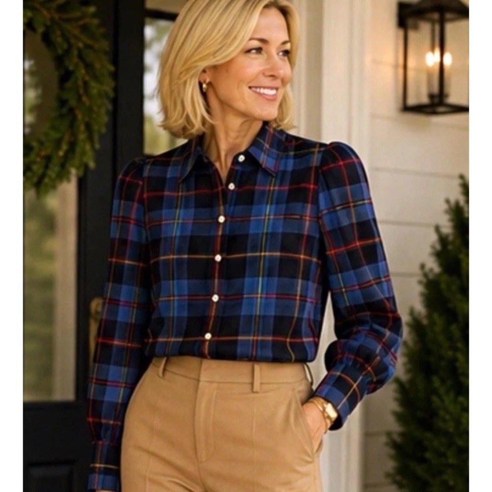 Gretchen Scott Juliette Blouse Womens XS Plaid Puff Sleeve Buttons Preppy Blue